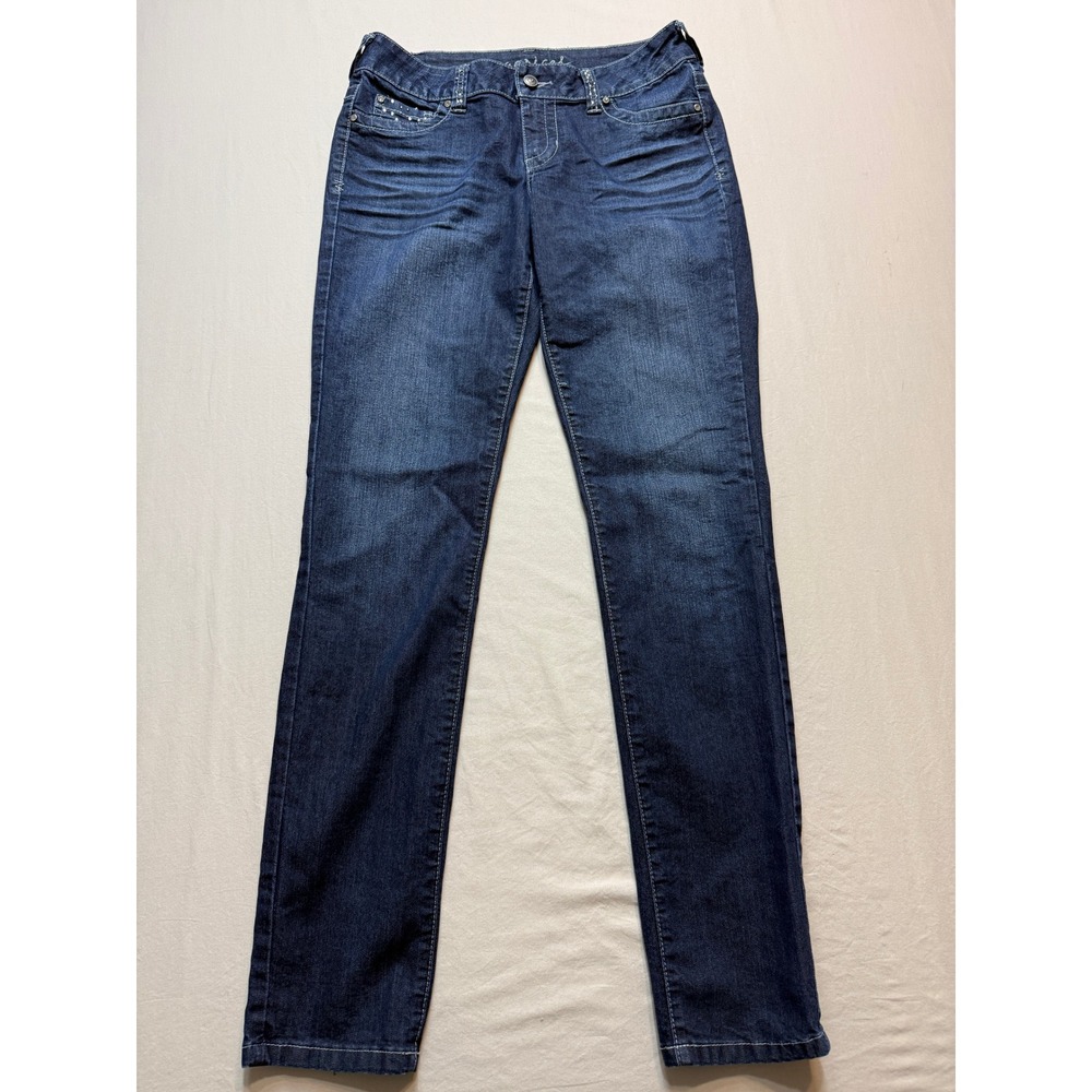Maurices Womens Skinny Jeans Dark‎ Wash Rhinestone Flap Pocket Blue Size Medium